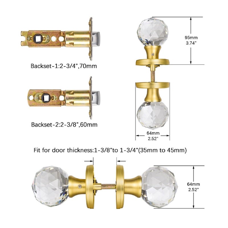 CLCTK Crystal Glass Door Knobs Interior, Round Door Knobs for Hall and Closet (Passage, Satin Brass) - Image 5